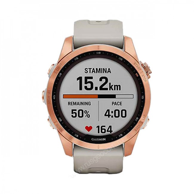 Часы Garmin Fenix 7S Solar цвета розовое золото с песочным силиконовым ремешком